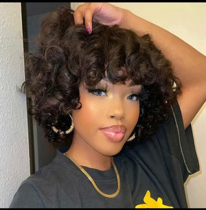 Rose Curly Short Bob Wigs With Bangs Natural Black Fringe Indian hair